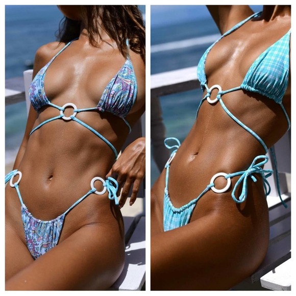 🆕 NWT REVOLVE Bikini REVERSIBLE PAISLEY CHECK VDM PASTEL MINT BLUE STRING - Picture 15 of 15